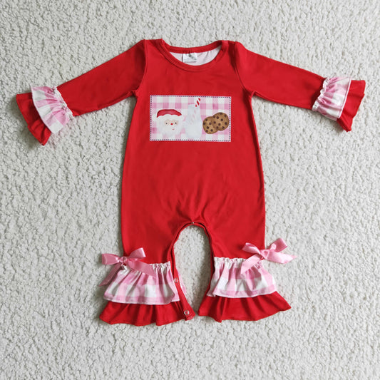 LR0188 Christmas Red Pink Plaid Santa Milk Cake Cookies Ruffles Girls Long Sleeve Romper