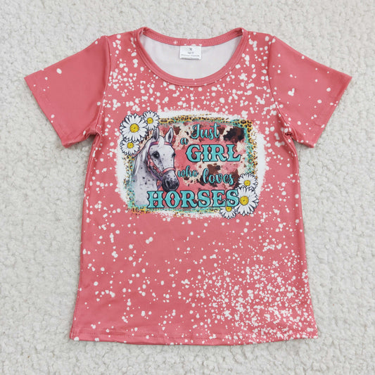 GT0095 Valentine Pink Just Girl Loves Horses Girls Short Sleeve Top T-shirts