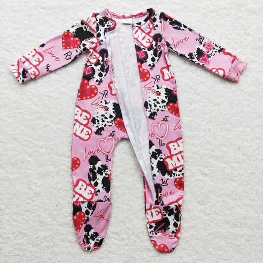 LR0235 Valentine Pink Be Mine Cow Print Love Western Zipper Girls Long Sleeve Romper