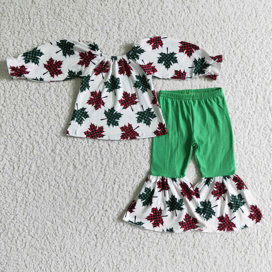 GLP0160 Christmas Red Green Maple Leaf Leaves Girls Long Sleeve Bell Bottom Pants Outfits
