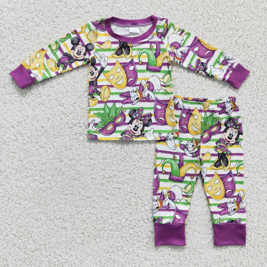 BLP0139  Mardi Gras Purple Yellow Mask M Cartoon Boys Long Sleeve Pants Outfits Pajamas