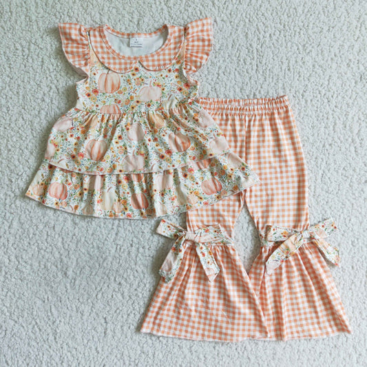 GSPO0124 Halloween Pumpkin Floral Pink Plaid Ruffles Girls Short Sleeve Bell Bottom Pants Outfits