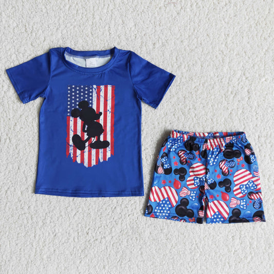 B1-13 4th Of July Blue Flag Cartoon Boys Short Sleeve Shorts Outfits