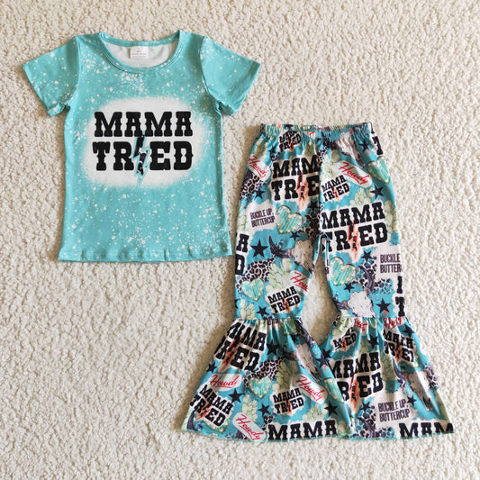 GSPO0211 Green Blue Mama Tred Highland Cow Head Western Leopard Girls Short Sleeve Bell Bottom Pants Outfits