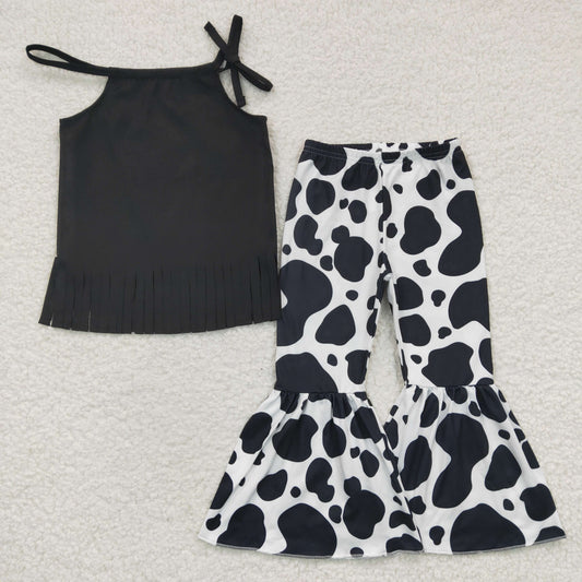 GSPO0301 2Pcs GT0088 Black  Tassel Girls Sleeveless Top Top +  Cow Print Pants Girls Long Sleeve Pants Outfits