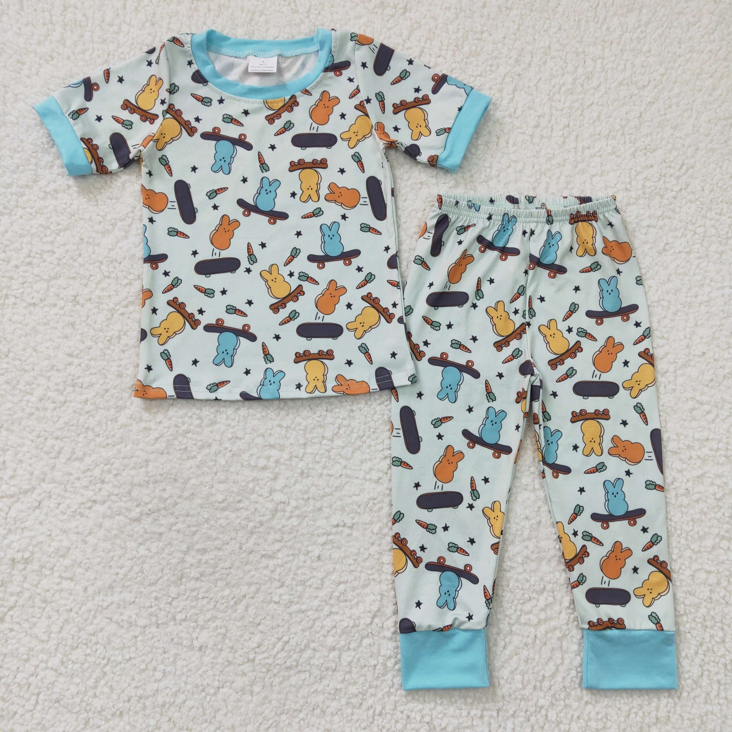 BSPO0077 Easter Blue Rabbit Carrot Boys Short Sleeve Pants Outfits Pajamas