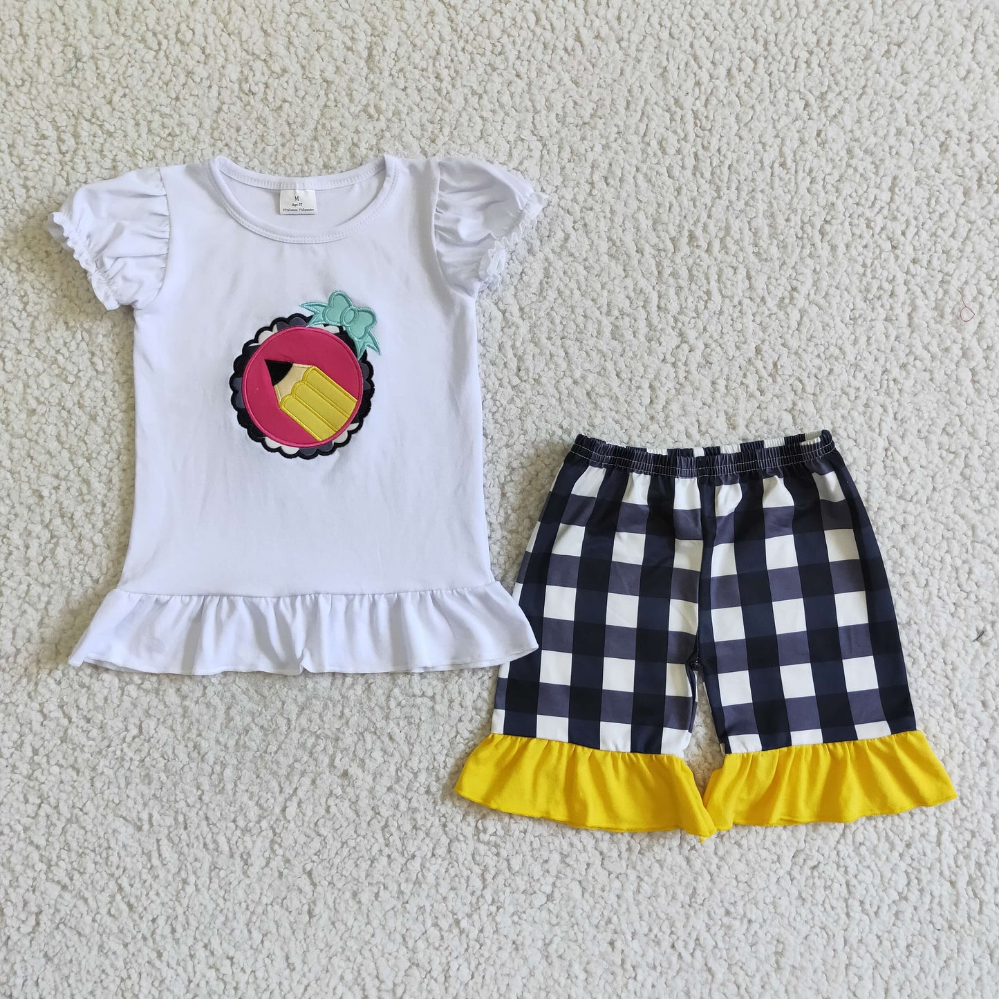 GSSO0102 Back To School Yellow Pencil Black Plaid Embroidery Girls Short Sleeve Shorts Outfits