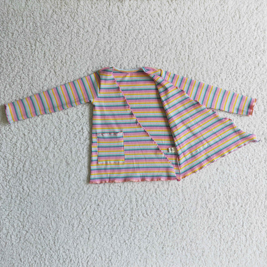 GT0068 Pink Blue Striped Print Girls Long Sleeve Cardigan