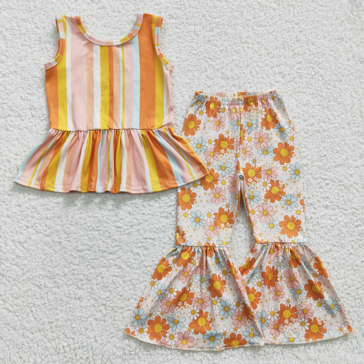 GSPO0509 Orange Floral Yellow With Bow Headband 3pcs Girls Short Sleeve Bell Bottom Pants Outfits