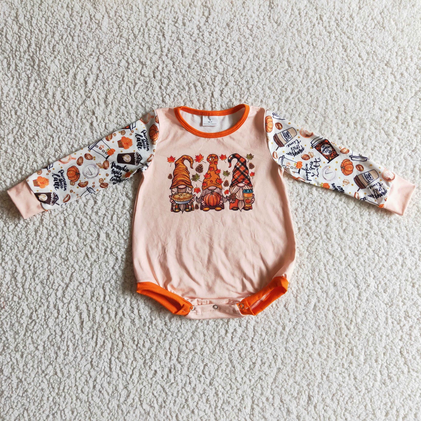 LR0155 Halloween Pumpkin Thanksgiving Fall Leaf Orange Girls Long Sleeve Romper