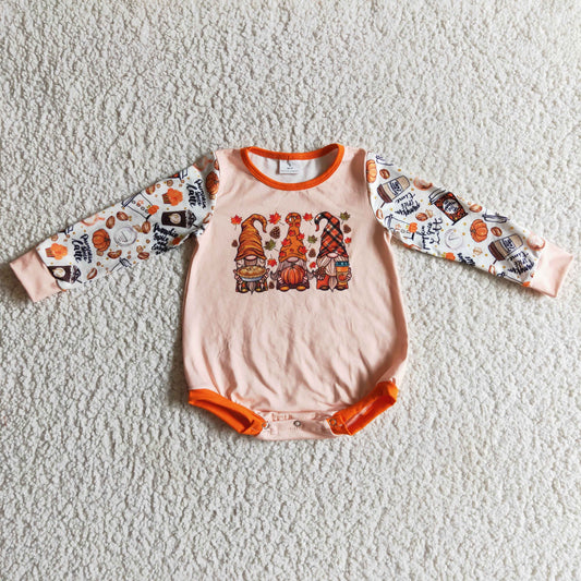 LR0155 Halloween Pumpkin Thanksgiving Fall Leaf Orange Girls Long Sleeve Romper