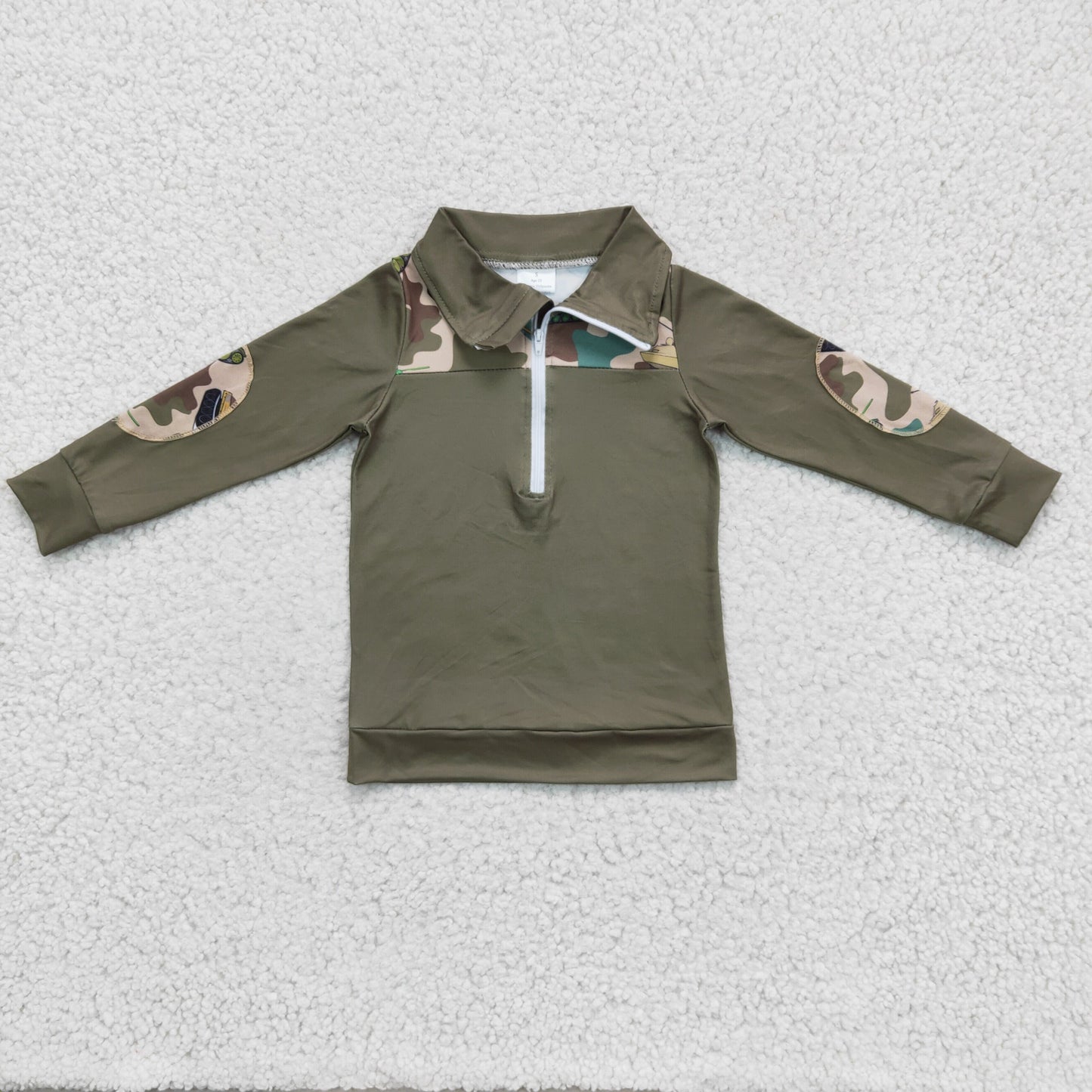 BT0098 Green Camo  Boys Long Sleeve Top Collar Polo Pullover T-Shirts