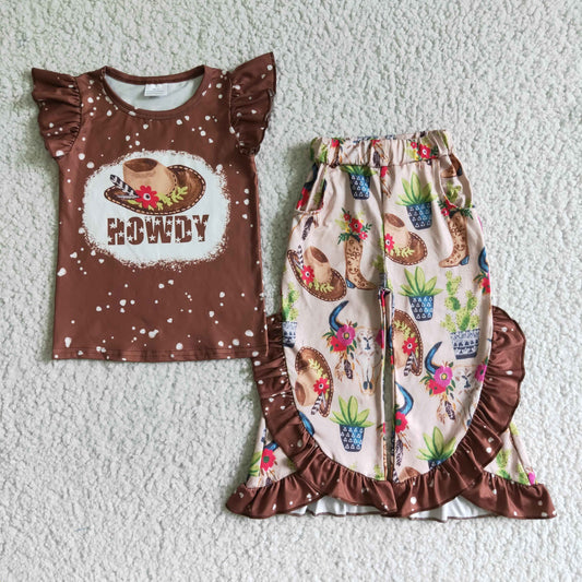 GSPO0097 Howdy Hat Cowboy Cow Cactus Western Girls Flutter Sleeve Pants Outfits