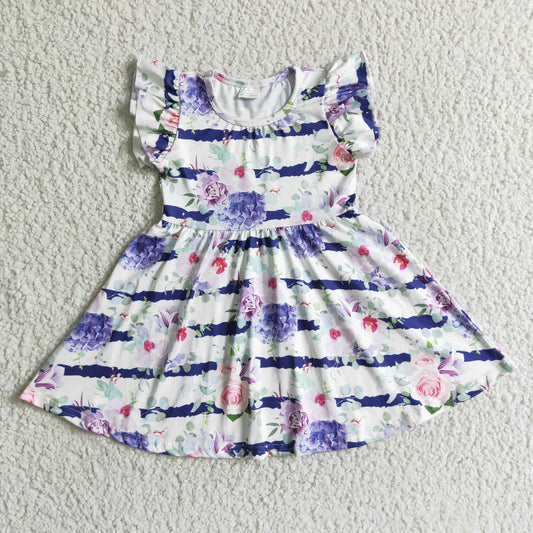 A8-6 Purple Striped Prin Flower Floral  Girls Puffy Sleeve Dresses