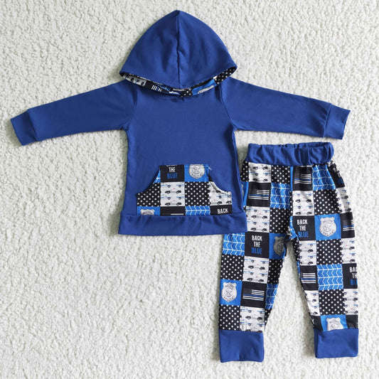 Clearance 6 A5-11 Blue Plaid Police Pocket Boys Long Sleeve Hoodies Outfits