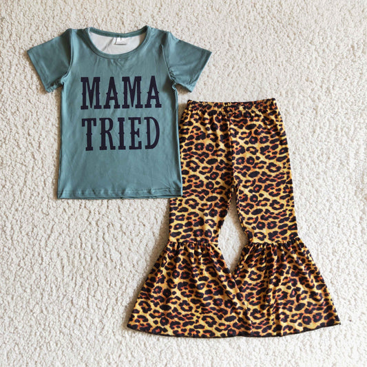 Clearance C5-23 Mama Tried Green Leopard Print Girls Short Sleeve Bell Bottom Pants Outfits