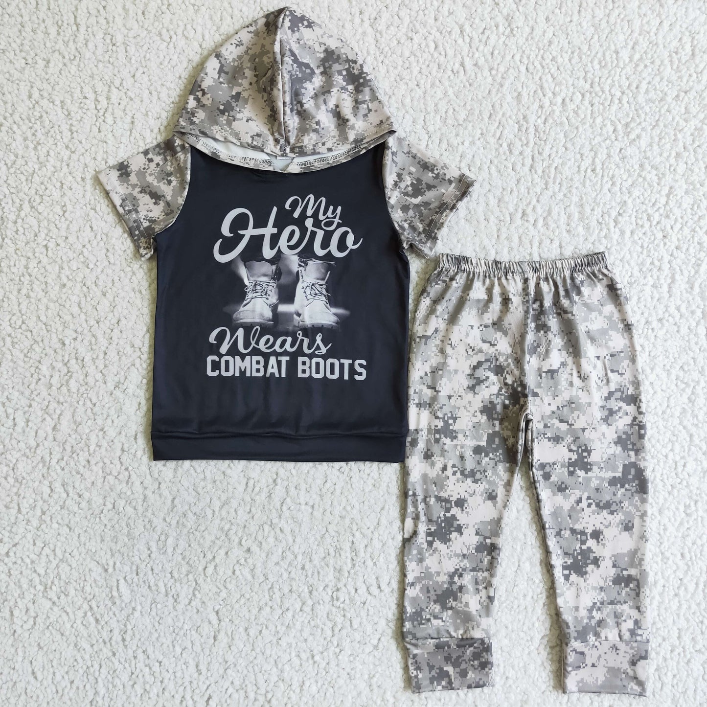 Clearance A6-10 Boots Camo Print Boys Short Sleeve Hoodies Outfits