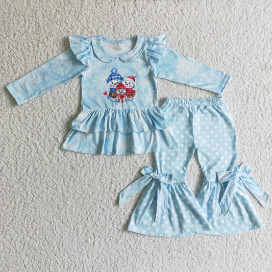 GLP0261 Blue Dots Bleach Snowman Ruffles Bow Girls Long Sleeve Bell Bottom Pants Outfits