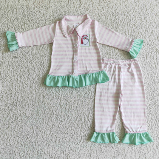 GLP0134 Christmas Green Pink Stripes Santa Collar Girls Long Sleeve Pants Outfits Pajamas