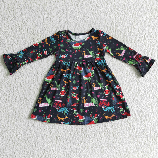 Clearance 6 A29-13 Christmas Red Green Cartoon Santa Black Girls Long Sleeve Dresses