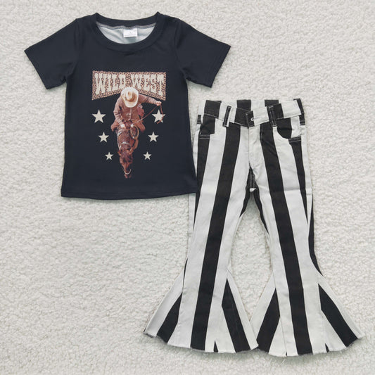 GSPO0  2Pcs GT0152 Wild West Cowboy Top + Black Stripes Denim Girls Short Sleeve Bell Bottom Pants Outfits