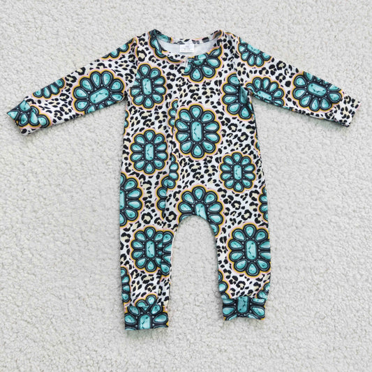 LR0254 Green Leopard Western Zipper Girls Long Sleeve Romper