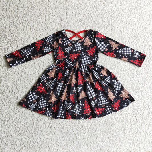 6 A19-3 Christmas Tree Leopard Red Black Girls Long Sleeve Dresses