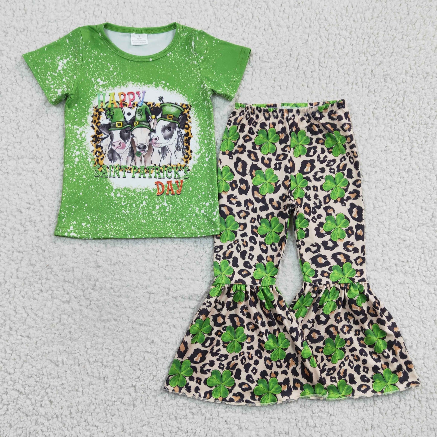 GSPO0329 Happy St. Patrick Day Green Clover Cow Leopard Girls Short Sleeve Bell Bottom Pants Outfits