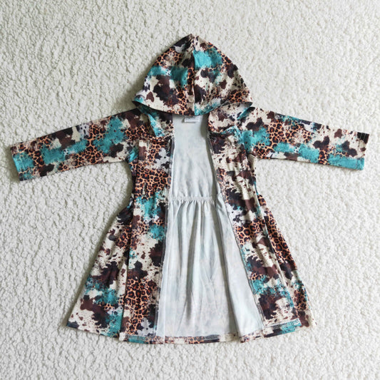 GT0027 Blue Brown Cow Print Hoodies Girls Long Sleeve Dresses