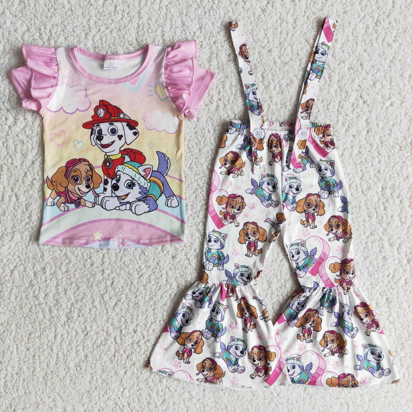 E12-20 Pink Dog Cartoon Double Flutters Overalls Girls Short Sleeve Bell Bottom Pants Outfits