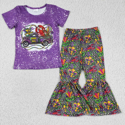 GSPO0268 Mardi Gras Purple Crayfish Cray Girls Short Sleeve Bell Bottom Pants Outfits