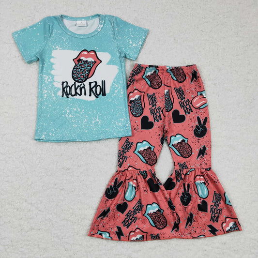 promotion RTS GSPO0255 Pink Leopard Blue Bleach Lip Mouth Music Band Singer Cartoon Girls Short Sleeve Bell Bottom Pants Outfits