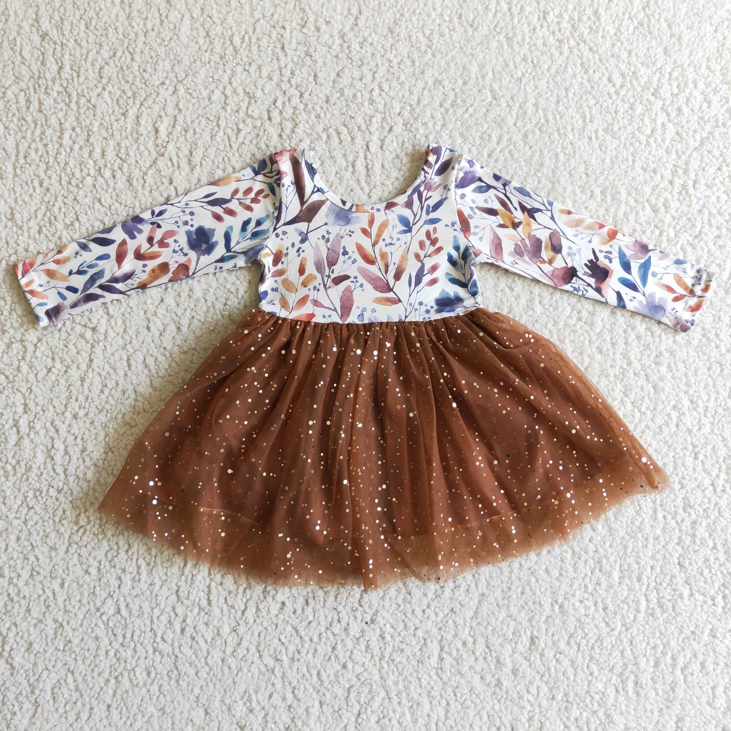 GLD0100 Orange Floral Leaf Tulle Tutu Girls Long Sleeve Dresses