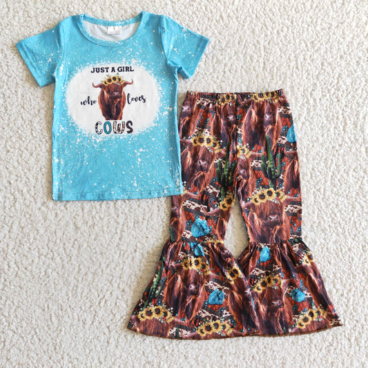 Clearance B0-3 Just A Girl Who Loves Cows Blue Girls Short Sleeve Bell Bottom Pants Outfits