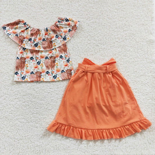 GSSO0184 Orange Highland Cow Floral Girls Short Sleeve With Skirt Dresses Outfits