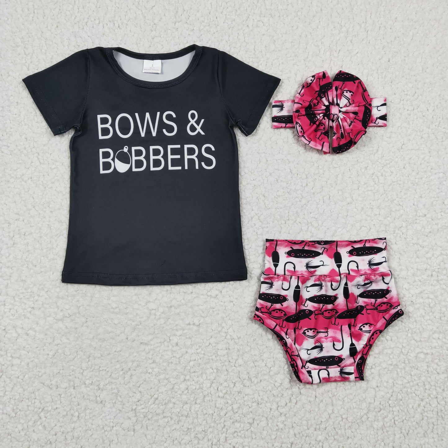 GBO0072 Black Pink Fish Bobbers With Bows Headband 3pcs Girls Short Sleeve Bummies Outfits