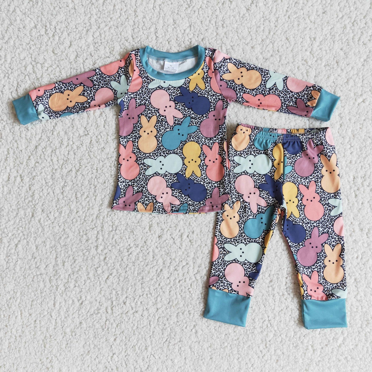 6 A29-4 Easter Rabbits Blue Leopard Boys Long Sleeve Pajamas