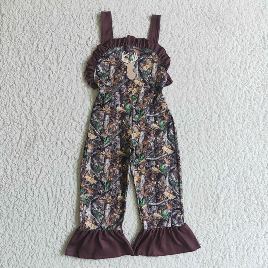 SR0098 Christmas Deer Brown Leaf Leaves Camo Girls Sleeveless Jumpsuit Overall Pants