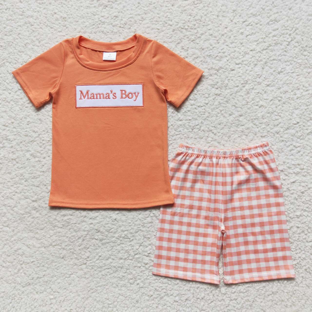 BSSO0228 Orange Pink Mama' Boy Plaid Embroidery Boys Short Sleeve Shorts Outfits