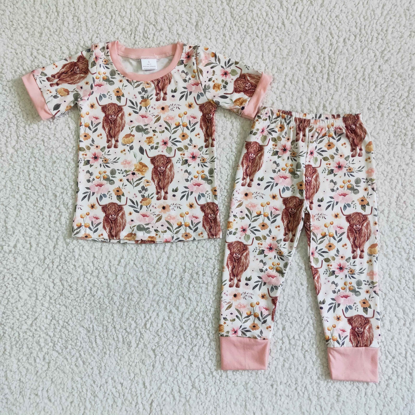 C2-14 Pink Highland Cows Heifer Floral Girls Short Sleeve Pants Outfits Pajamas