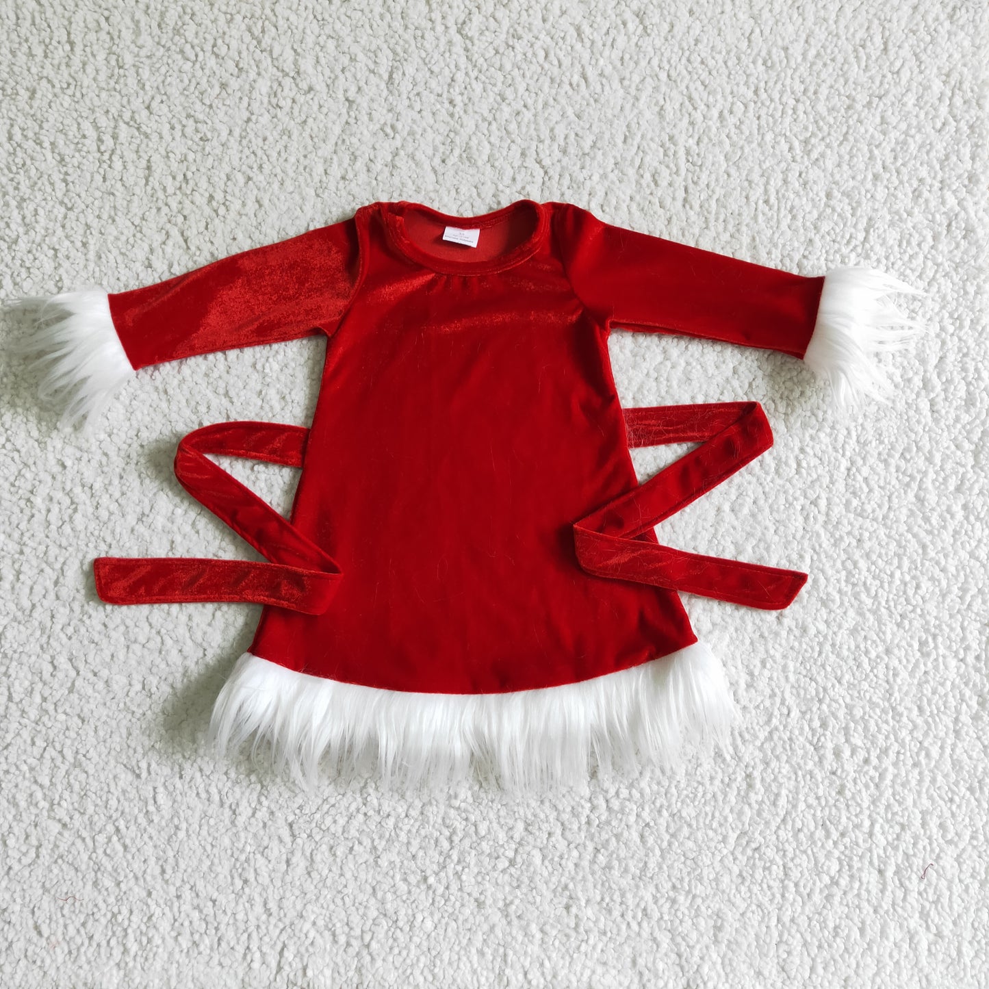 GLD0084 Christmas Red Velvet Belt Girls Long Sleeve Dresses