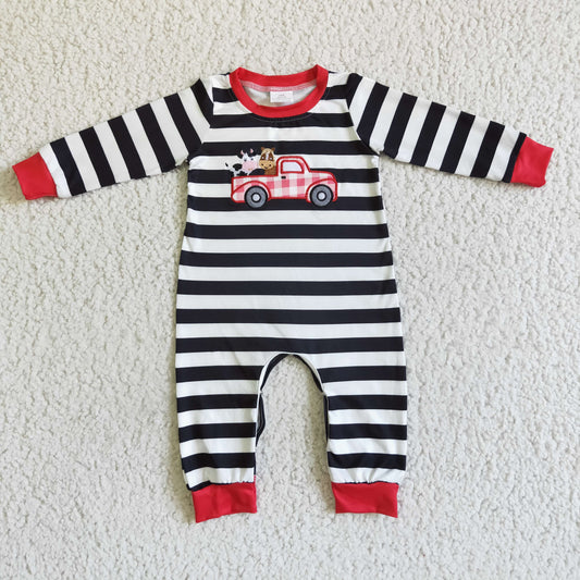 LR0016 Farm Life Cow Car Red Black Stripes Embroidery Boys Long Sleeve Romper