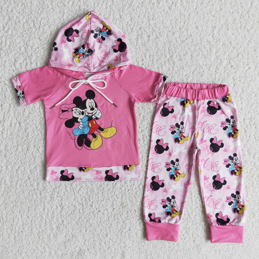 Clearance E6-27 Valentine Pink Cartoon Baby Girls Hoodie Set