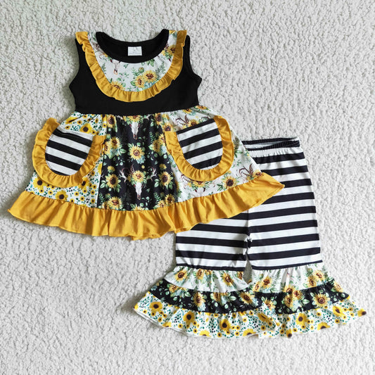 A6-15 Sunflower Yellow Black Stripes Pockets Tunic Girls Sleeveless Bell Bottom Pants Outfits
