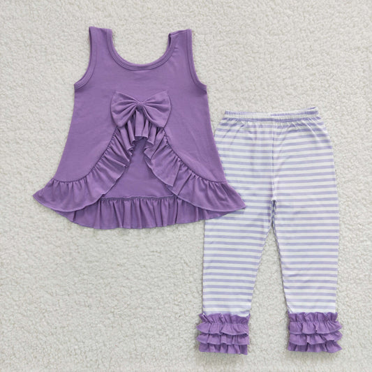 GSPO0506 Purple Stripes Bow   Girls Short Sleeve Bell Bottom Pants Outfits