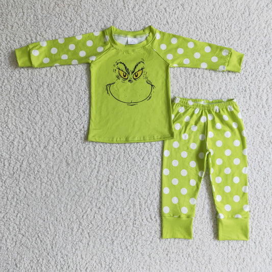 6 B11-20 Christmas Green Cartoon Dots Print Girls Long Sleeve Pajamas