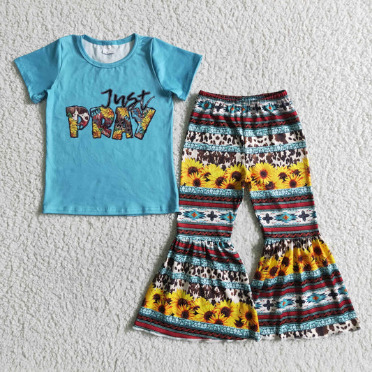 GSPO0031 Just Pray Sunflower Blue Girls Short Sleeve Pants Outfits