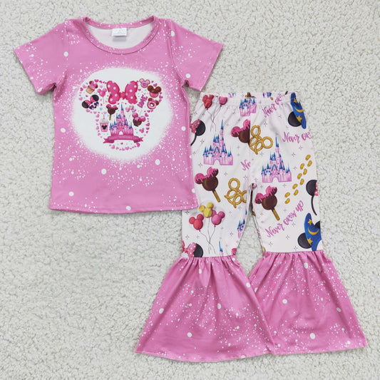 promotion RTS GSPO0251 Pink Bleach Castle M Cartoon Girls Short Sleeve Bell Bottom Pants Outfits