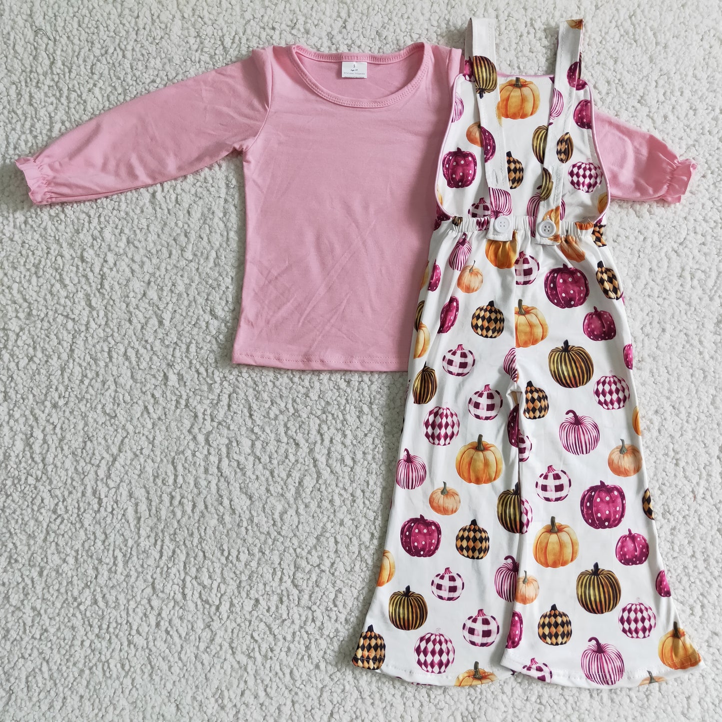 GLP0188 Halloween Pumpkin Pink Overalls Girls Long Sleeve Bell Bottom Pants Outfits