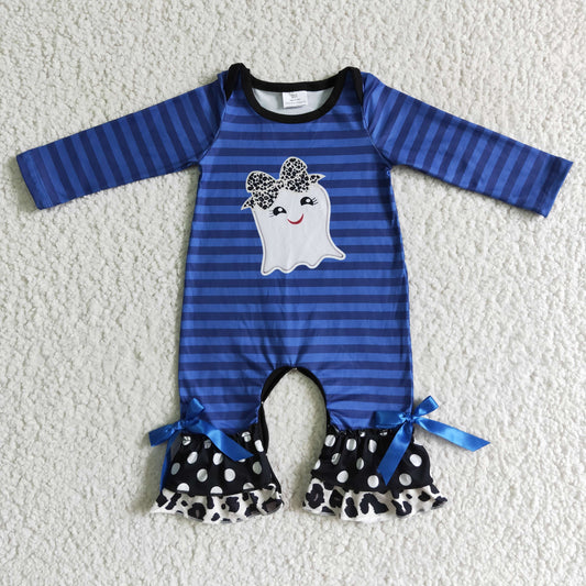 LR0067 Halloween Ghost Cartoon Black Blue Stripes Ruffles Girls Long Sleeve Romper